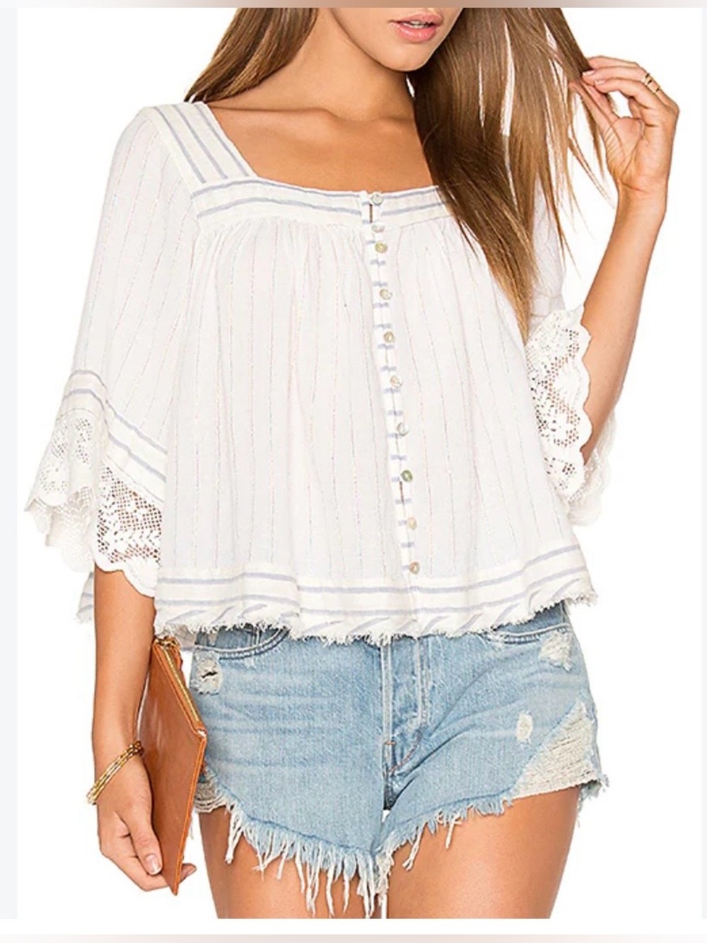 Free People Cream Gauze Blouse with Subtle Stripes and Fringe size XS